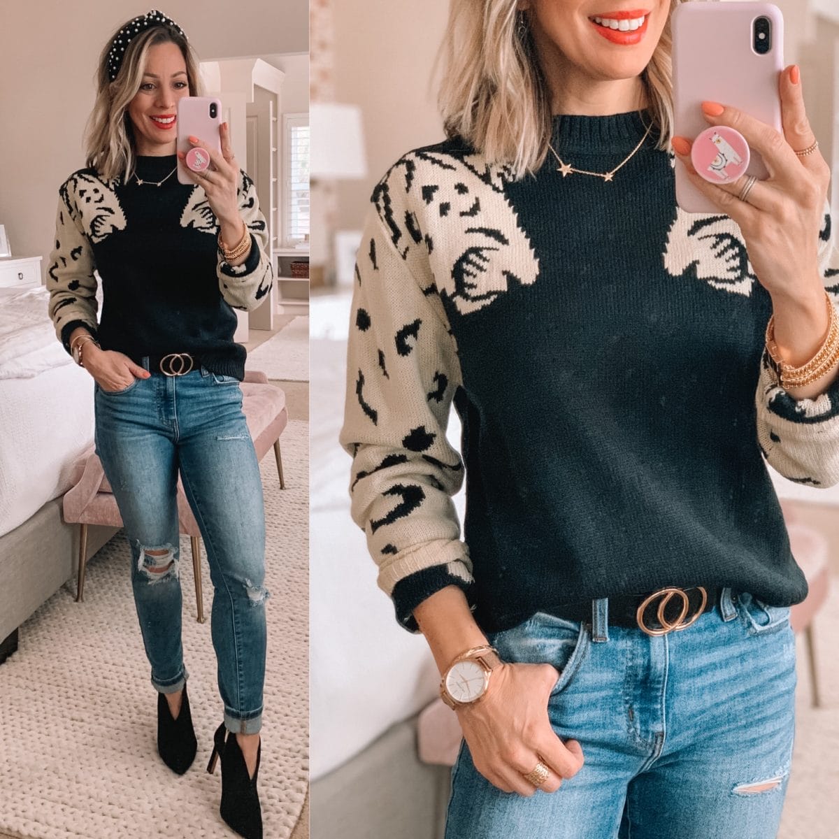 Leopard Sleeve Sweater, Distressed Blue Jeans, Black Booties, Star Necklace