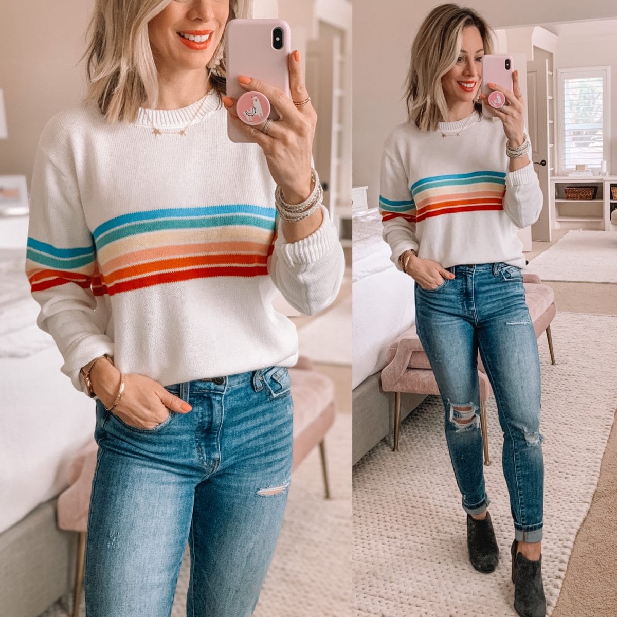 Rainbow Stripe Sweater, Distressed Jeans, Grey Booties
