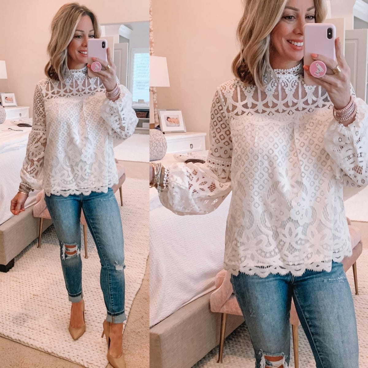 White Lace Top, Distressed Jeans, Nude Heels