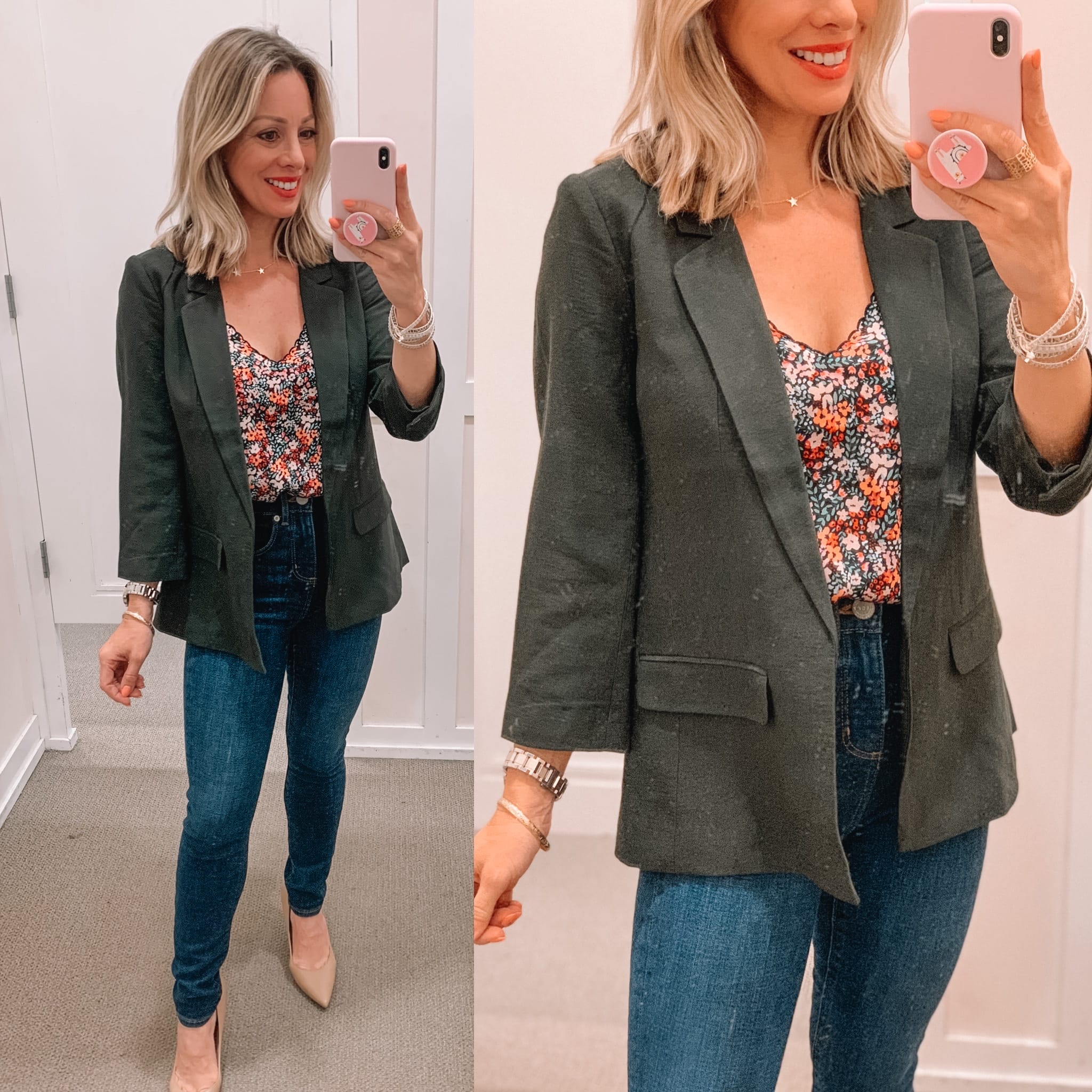 Floral Tank, Green Blazer, Skinny Jeans, Heels