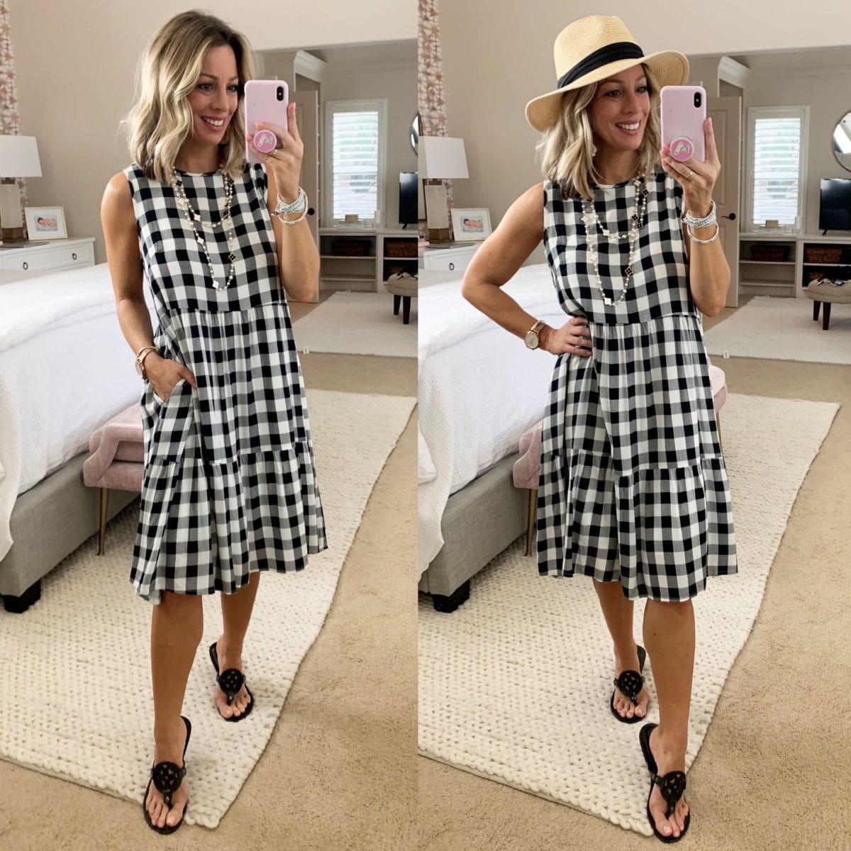 Black and White Checkered Boho Dress, Black Miller Dupe Sandals, Straw Hat, Pearl Clover Necklace