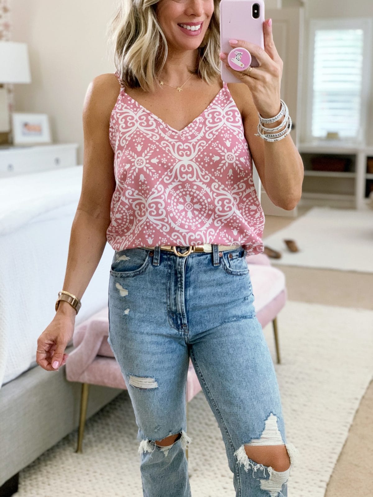 Pink Cami, Distressed Mom Jeans