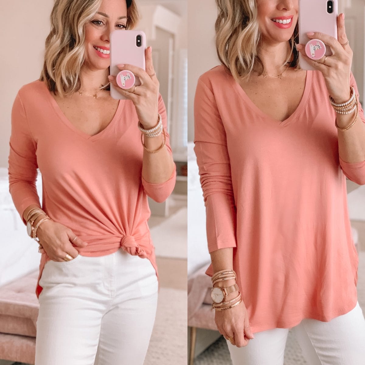 V-neck Long sleeve Tunic Top, White Jeans 