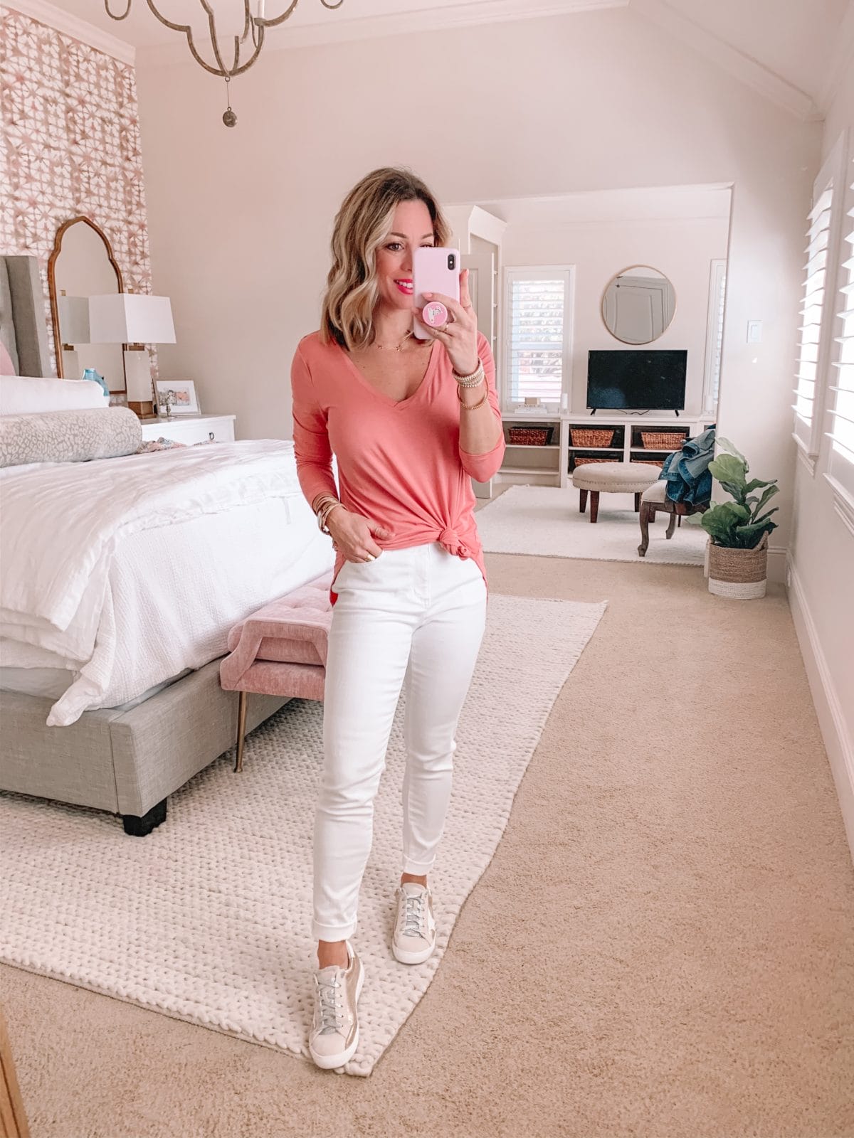 Pink V-Neck Long Sleeved Tunic Tee, White Jeans, Golden Goose Dupe sneakers