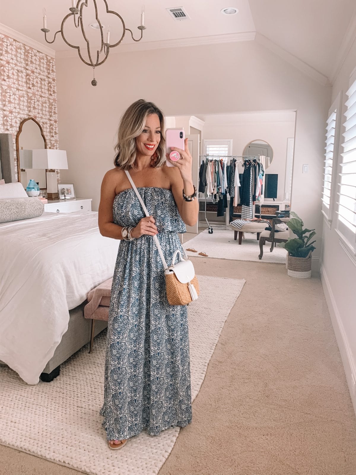 Off Shoulder Blue and White maxi Dress, Woven Crossbody