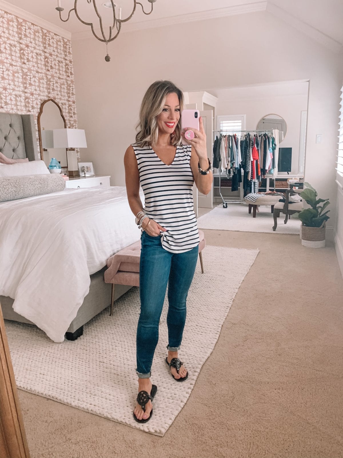 Black and White Stripe Tank Top, Skinny Jeans, Miller Dupe sandals 
