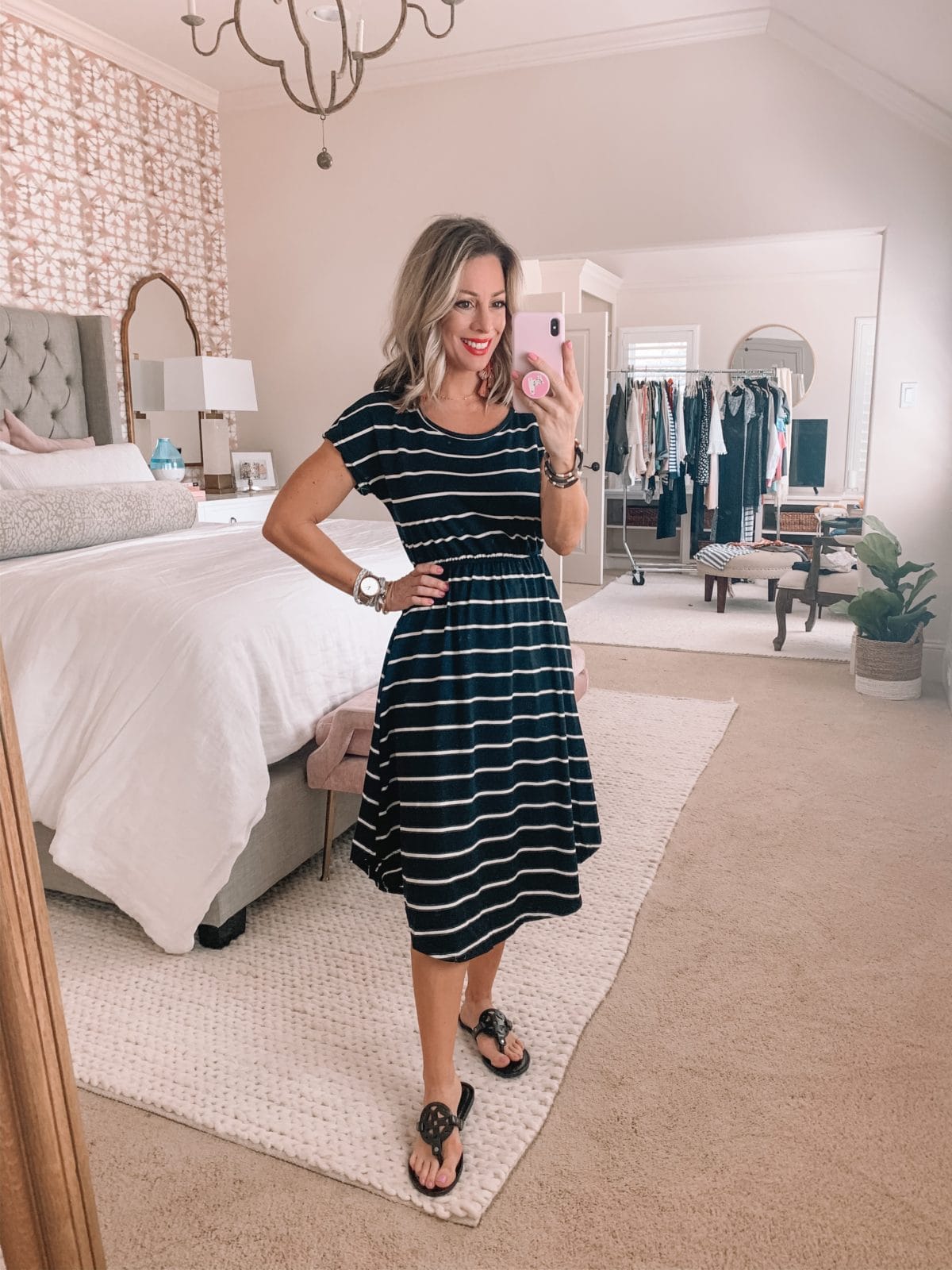 Black and white Stripe tee shirt Dress, Miller Dupe Sandals