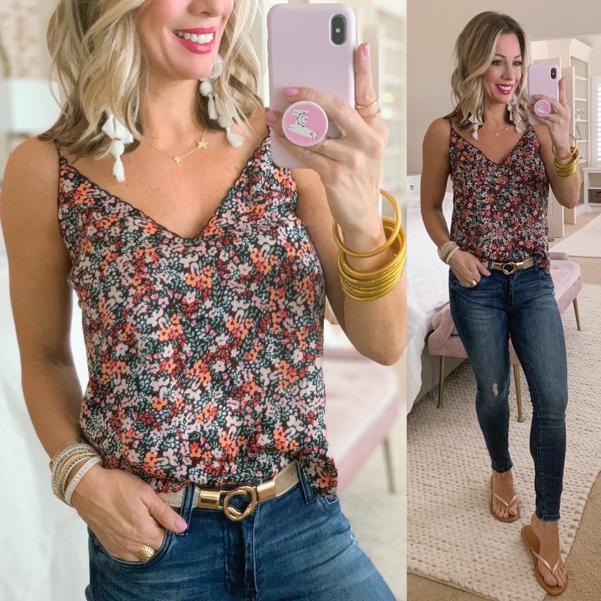 Floral Print Cami, Gold Bet, Kut from KLOTH jeans, Gold Flip Flops 