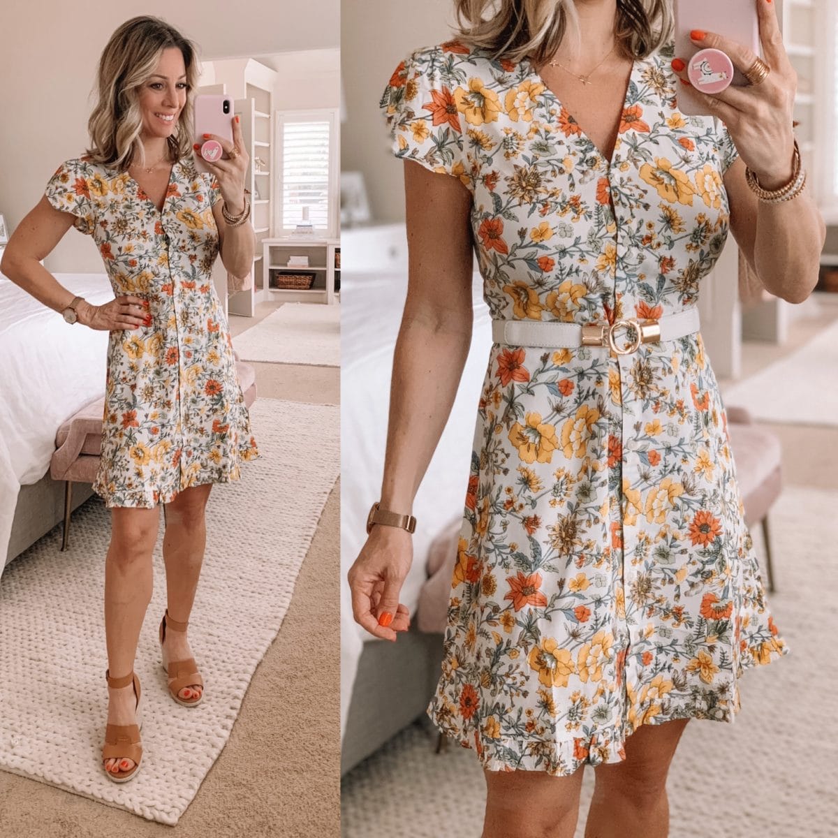 Floral Dress, Wedges, White and Gold Belt