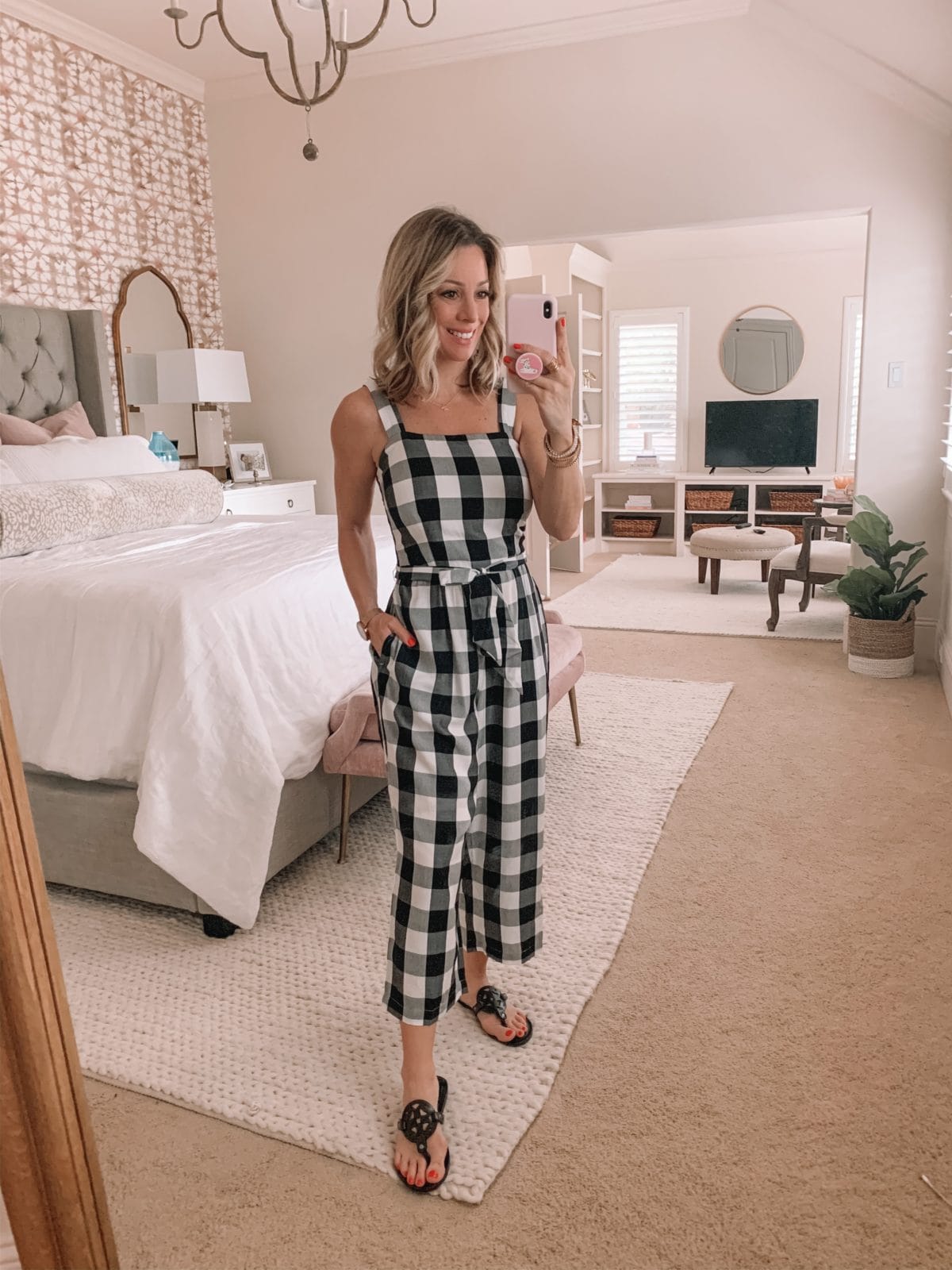 Checked Jumpsuit, Miller Dupe Sandals