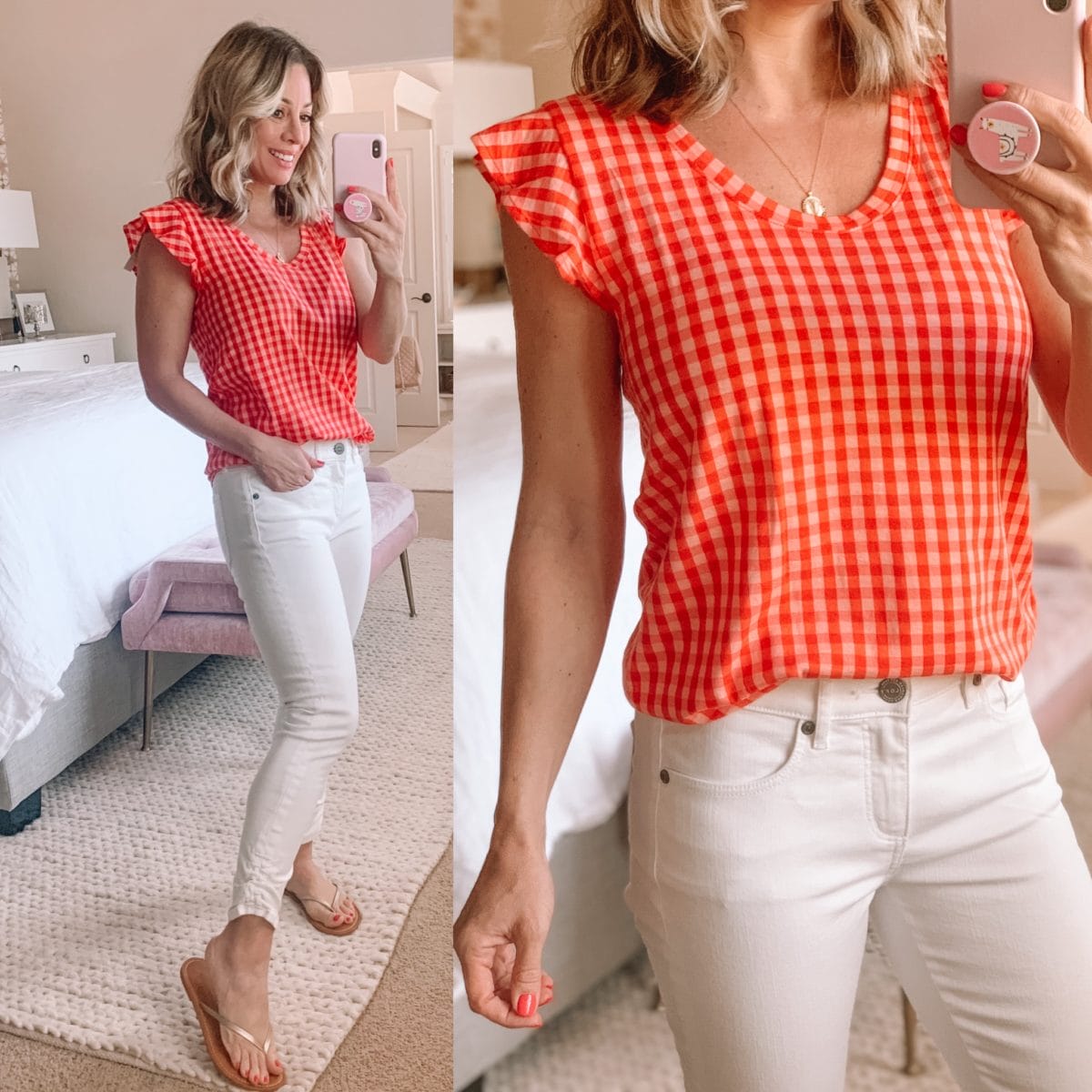 Gingham Check Ruffle Sleeve Top, White Cinched Hem Jeans, Gold Flip Flops 