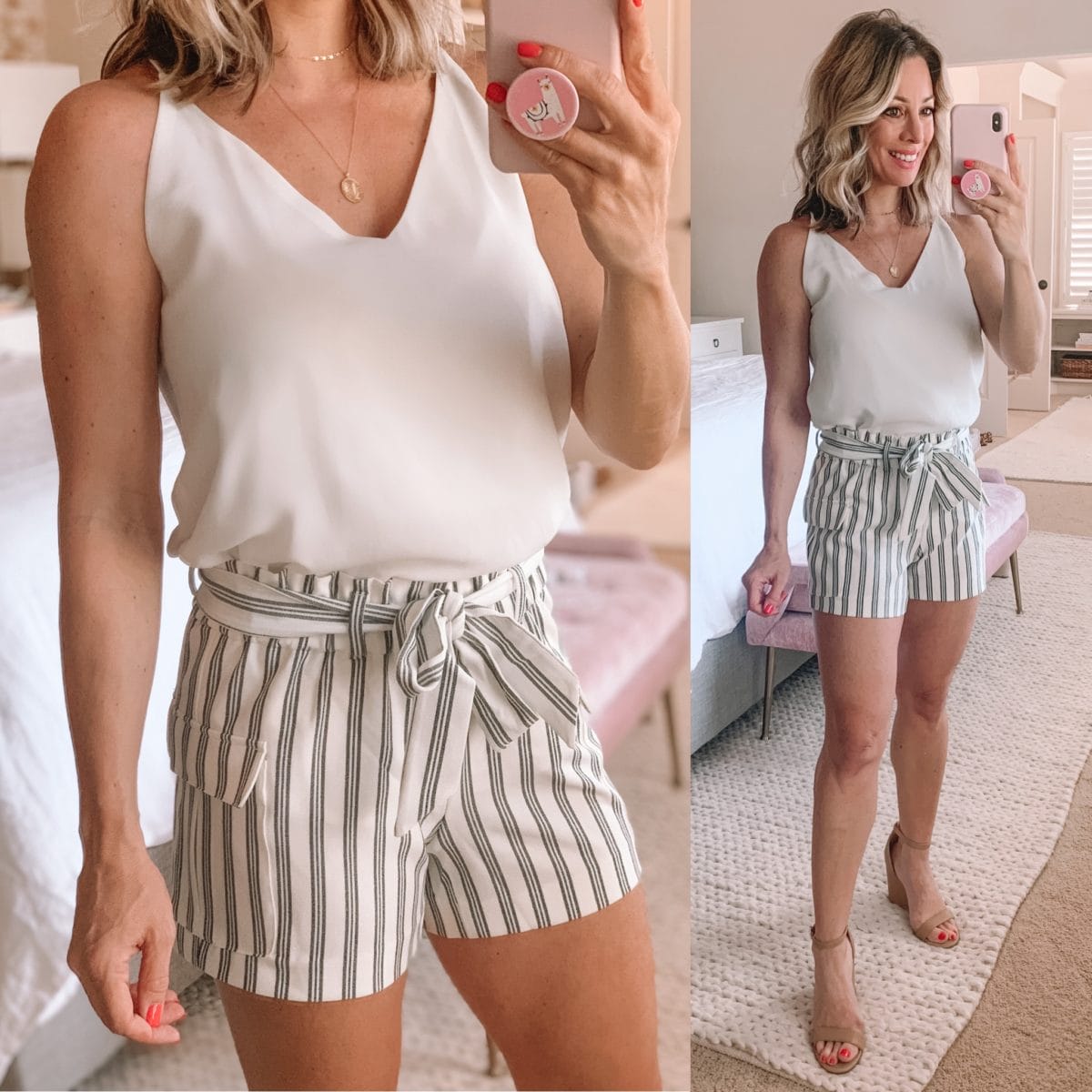 White Tank, Paper Bag Waist Striped Shorts, Nude Wedge Sandals