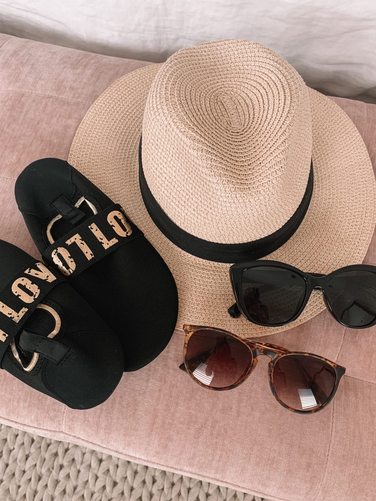 Beach Hat, Love Water Shoes, Tortoise Shell Glasses, Jackie-O Sunglasses