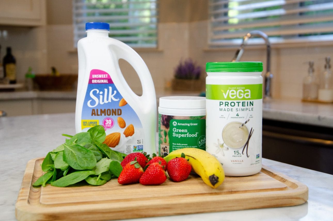 Silk Almond Milk, Green Superfood Powder, Vega Protein Powder