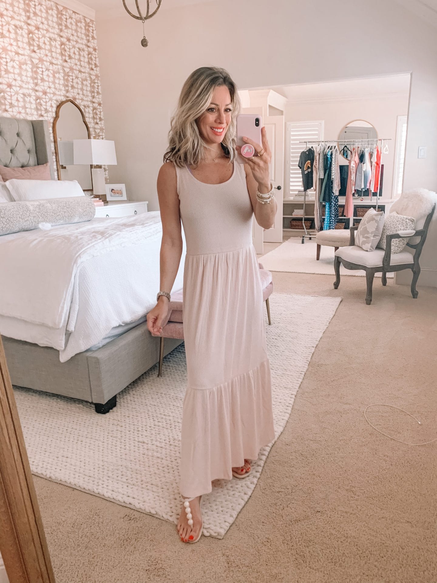 Amazon Fashion - Pink Tank Tiered Maxi Dress, White Sandals