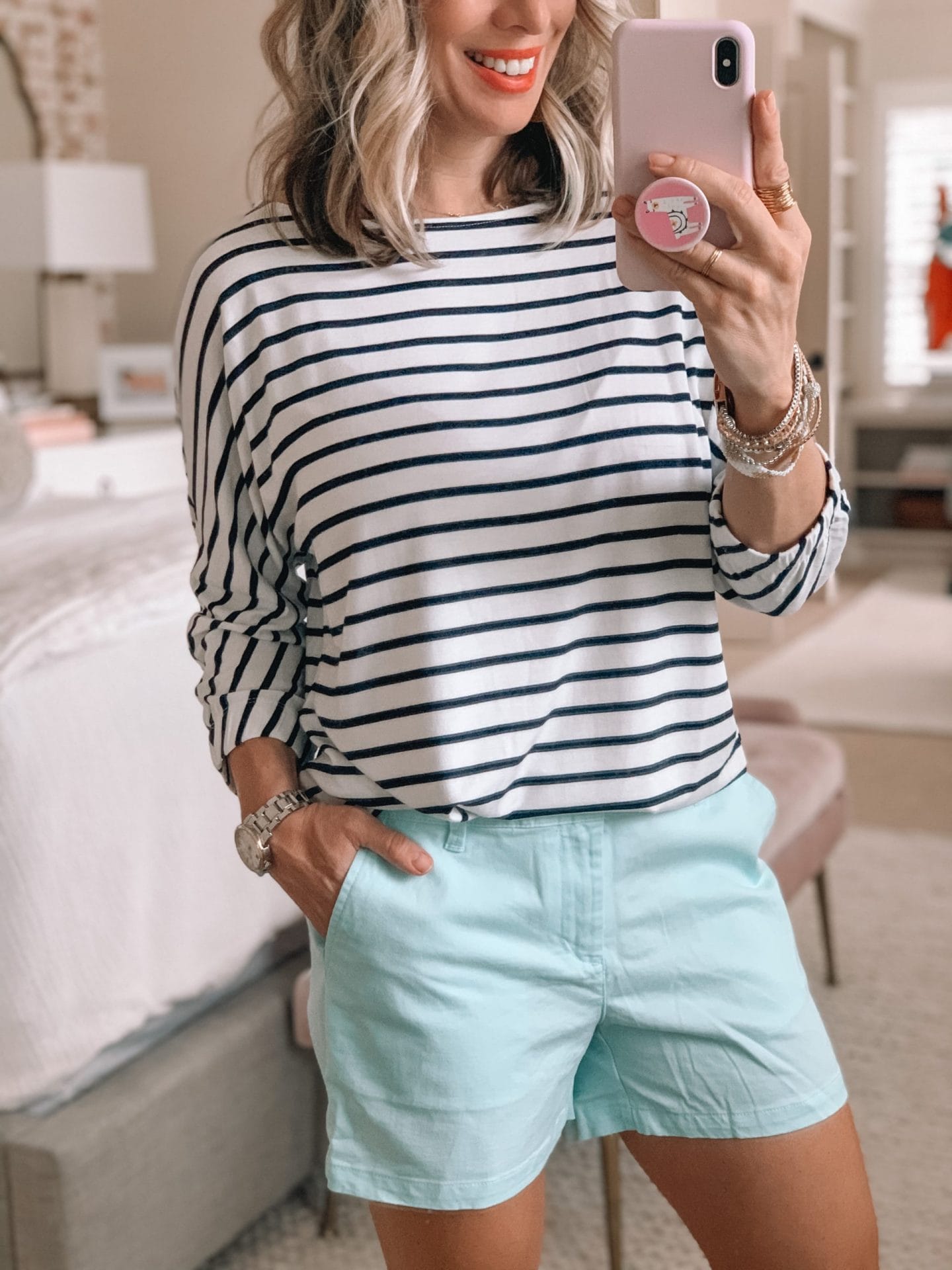 Striped Jersery Bunch Sleeve Top, Chino Shorts