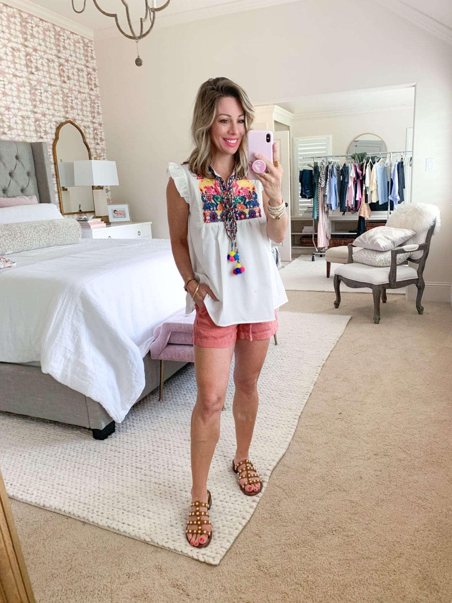 Summer Outfit, Amazon, Nordstrom, Embroidered Top, Linen Shorts, Studded Sandals