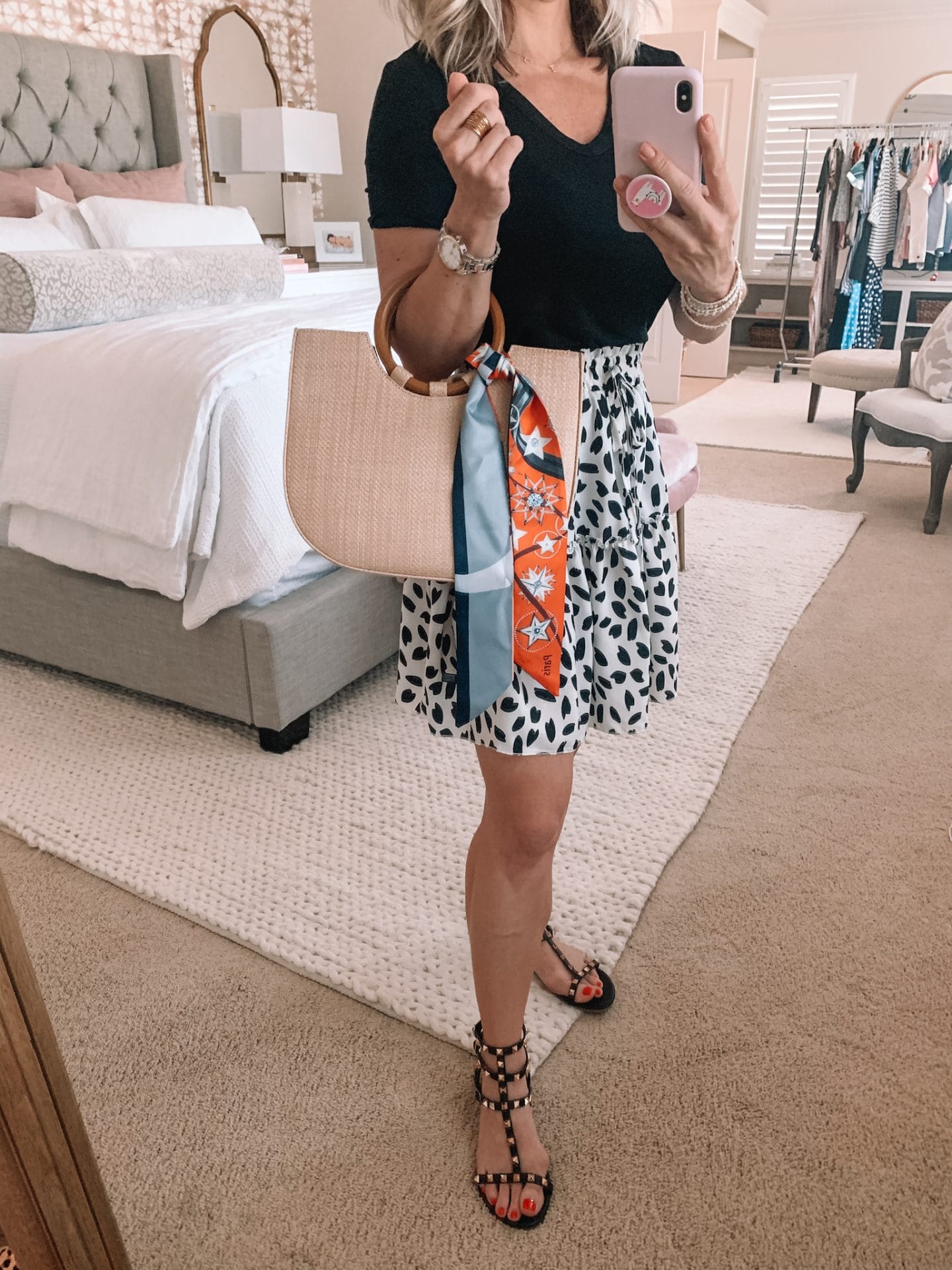 Amazon Fashion - Black V-Neck Tee, Leopard Dot Skirt, Studded Sandals 