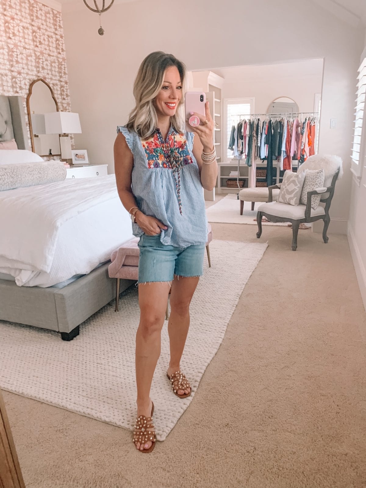 Amazon Fashion Finds, Embroidered Top, Jeans Shorts, Studded Sandals