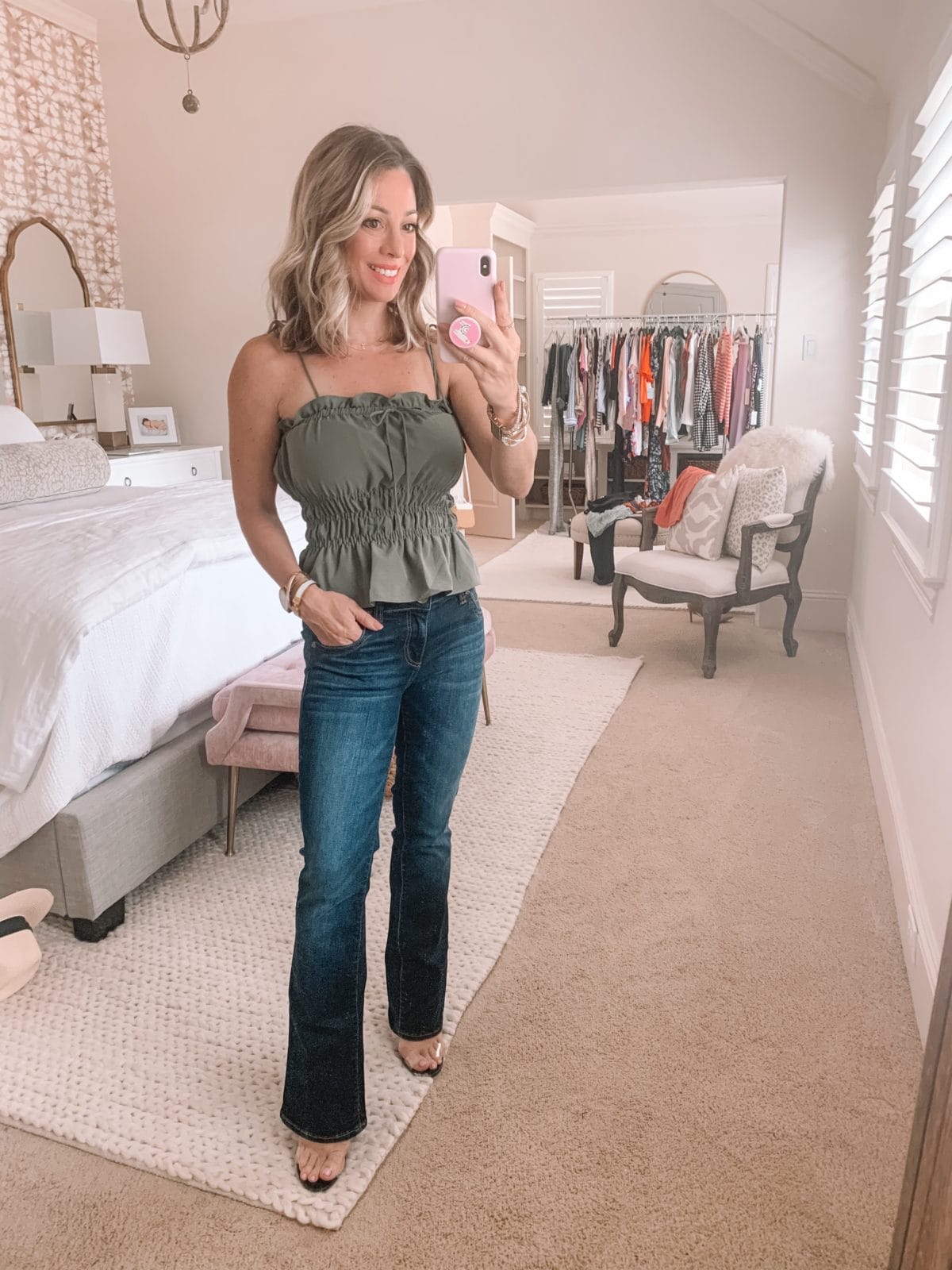 Dressing Room Nordstrom and LOFT, Shired Peplum Camisole, Flare Jeans, Clear Heels 
