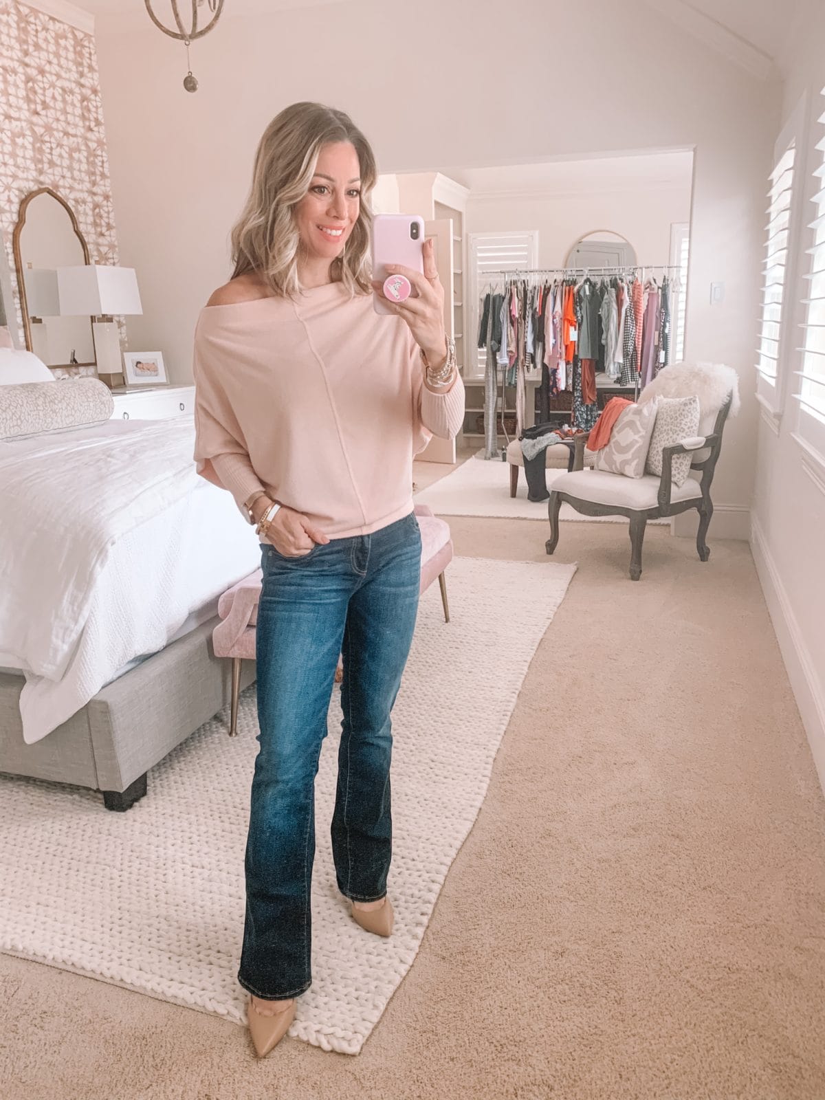 Dressing Room Finds Nordstrom and LOFT, Slouchy Long Sleeve Sweater, BootCut Jeans, Heels 