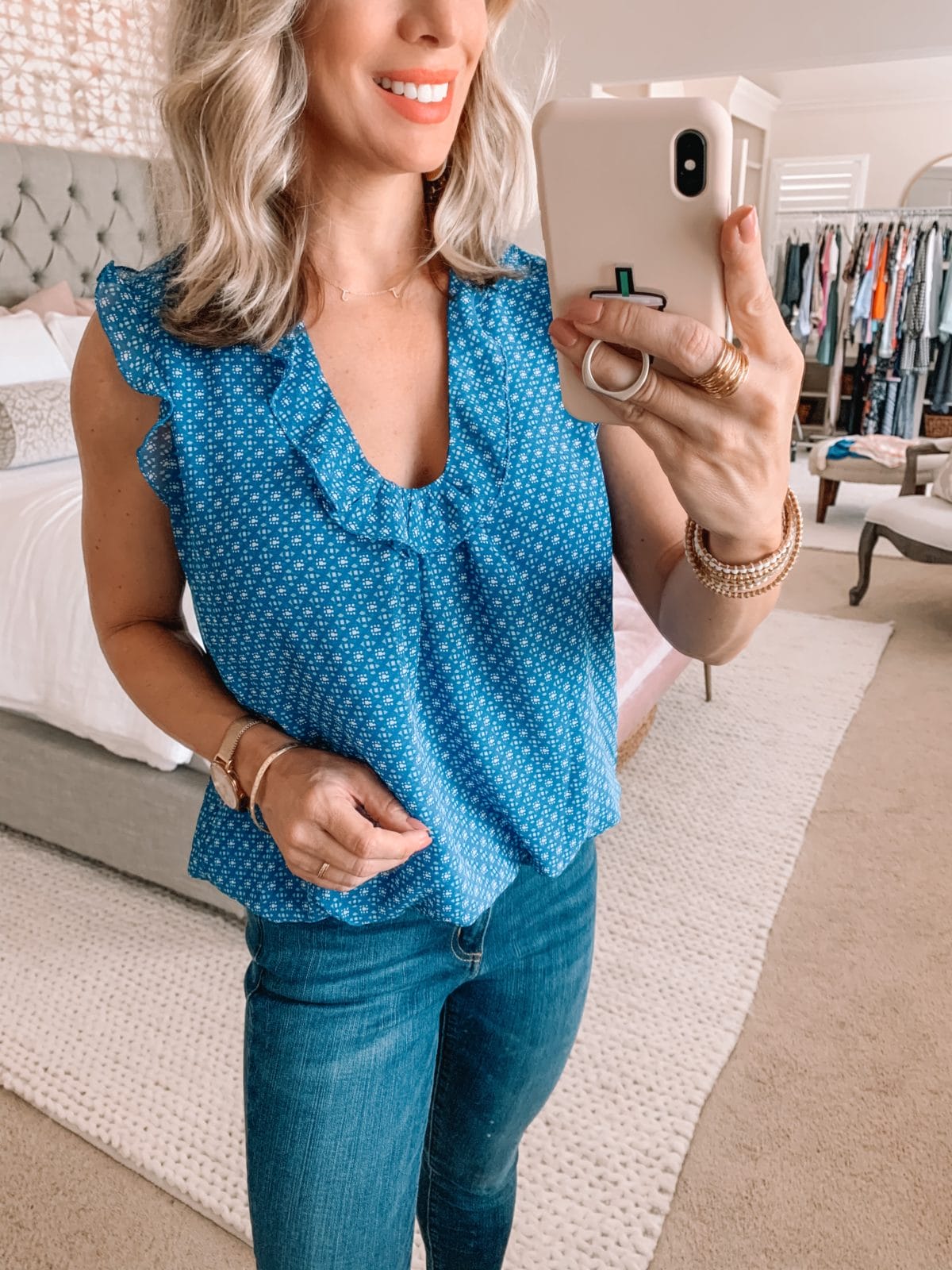 Amazon Fashion Finds, Blue Scoop Ruffle Neck Top, Skinny Jeans