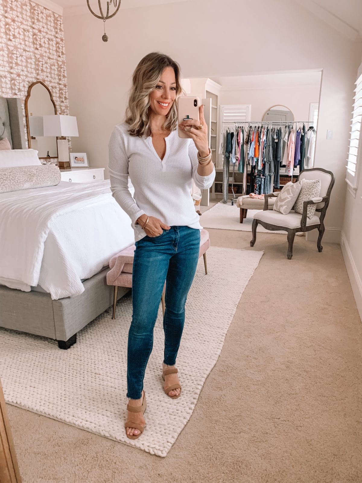 Amazon Fashion Finds, Waffle Knit Top, Skinny Jeans, Heels 