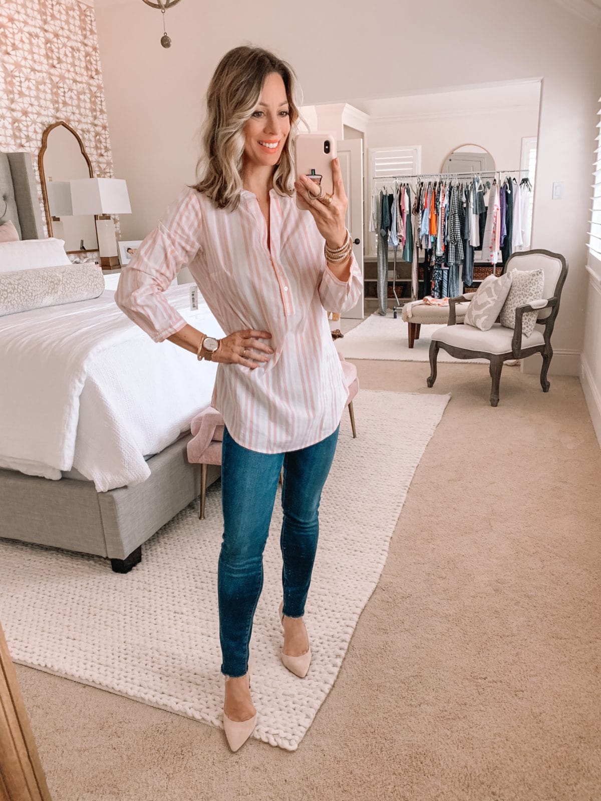 Amazon Fashion Finds, Striped Tunic Top, Skinny Jeans, Heels 