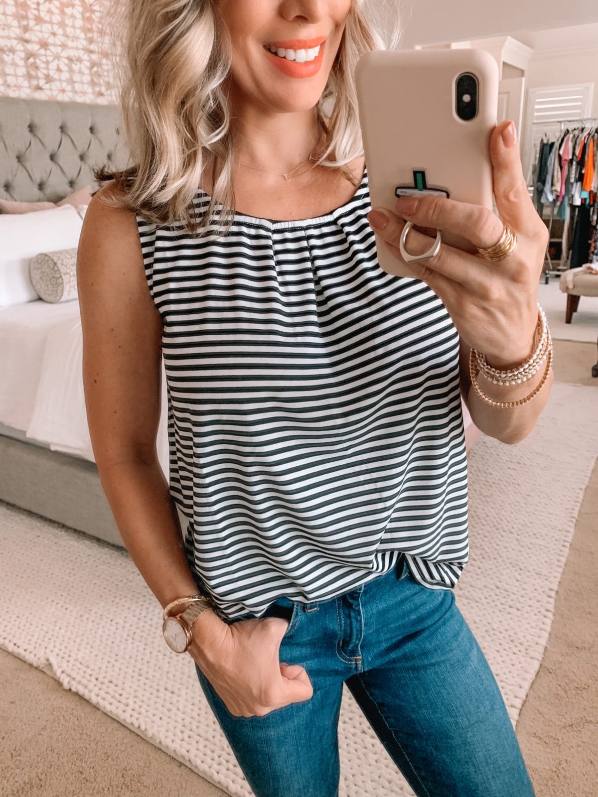 Amazon Fashion Finds, Striped Scoop Neck Sleeveless Top, Skinny Jeans 