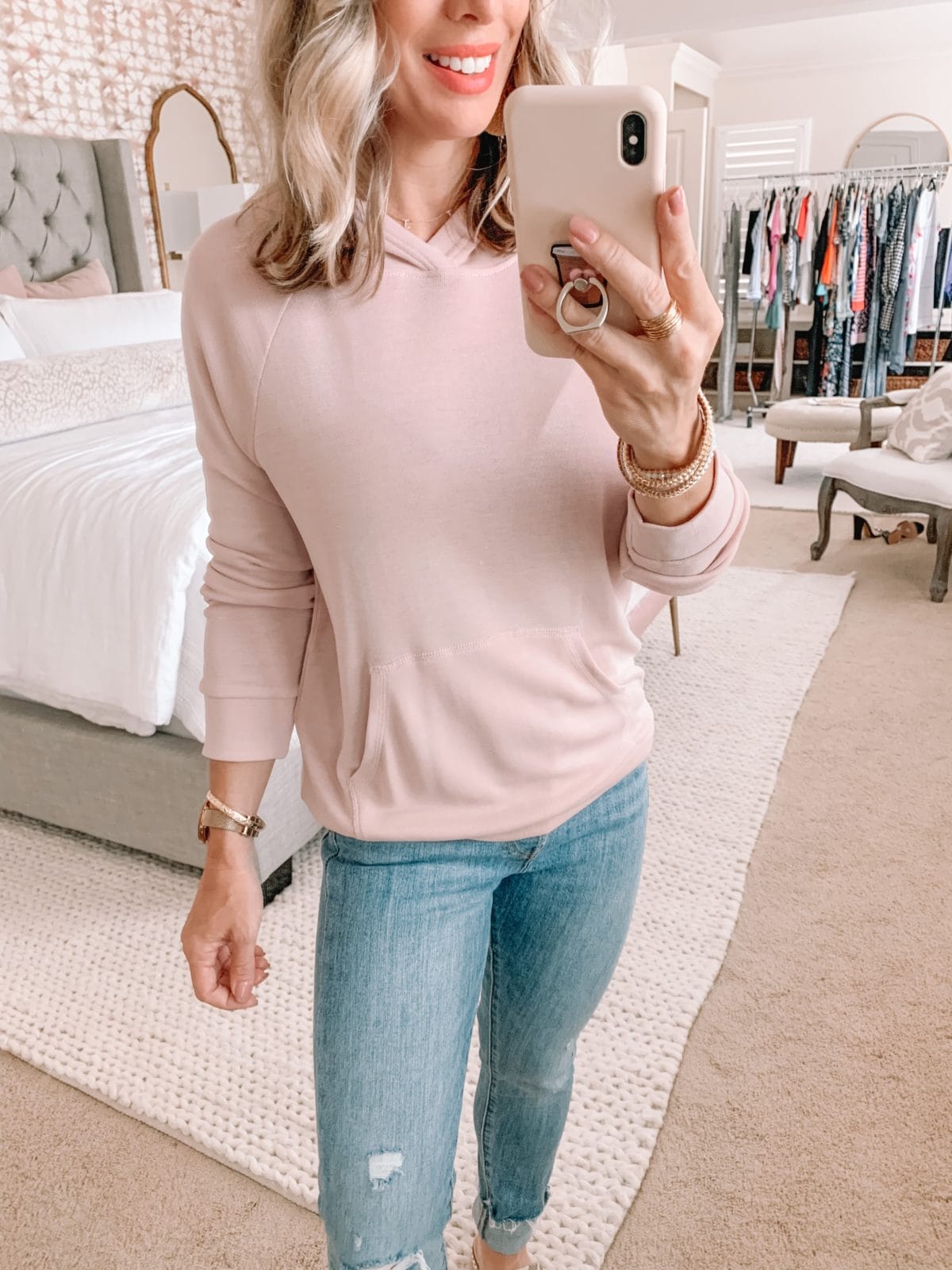Amazon Fashion Finds, Pink Kangaroo Pocket Pullover, Distressed Jeans