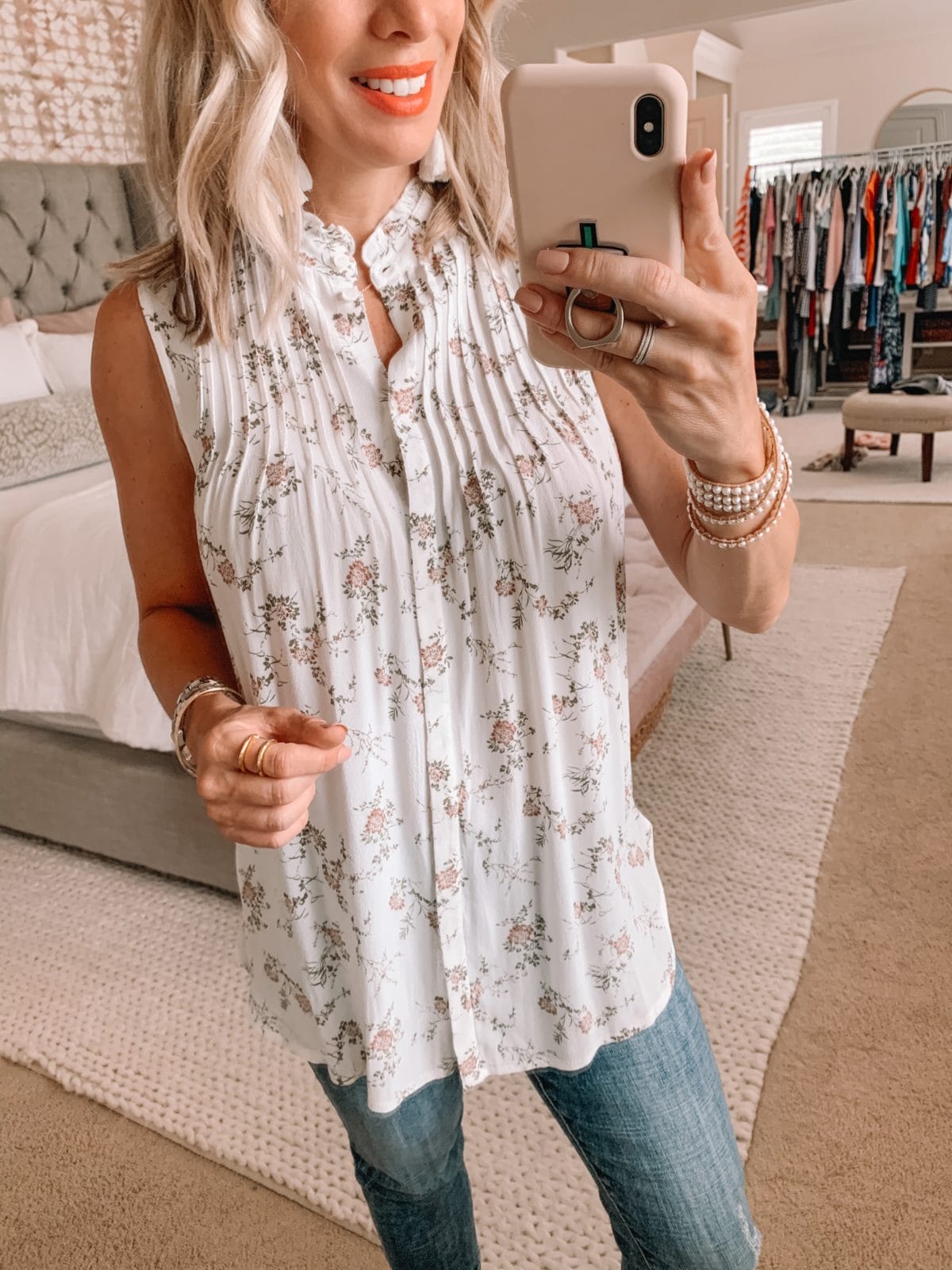 floral tank and jeans