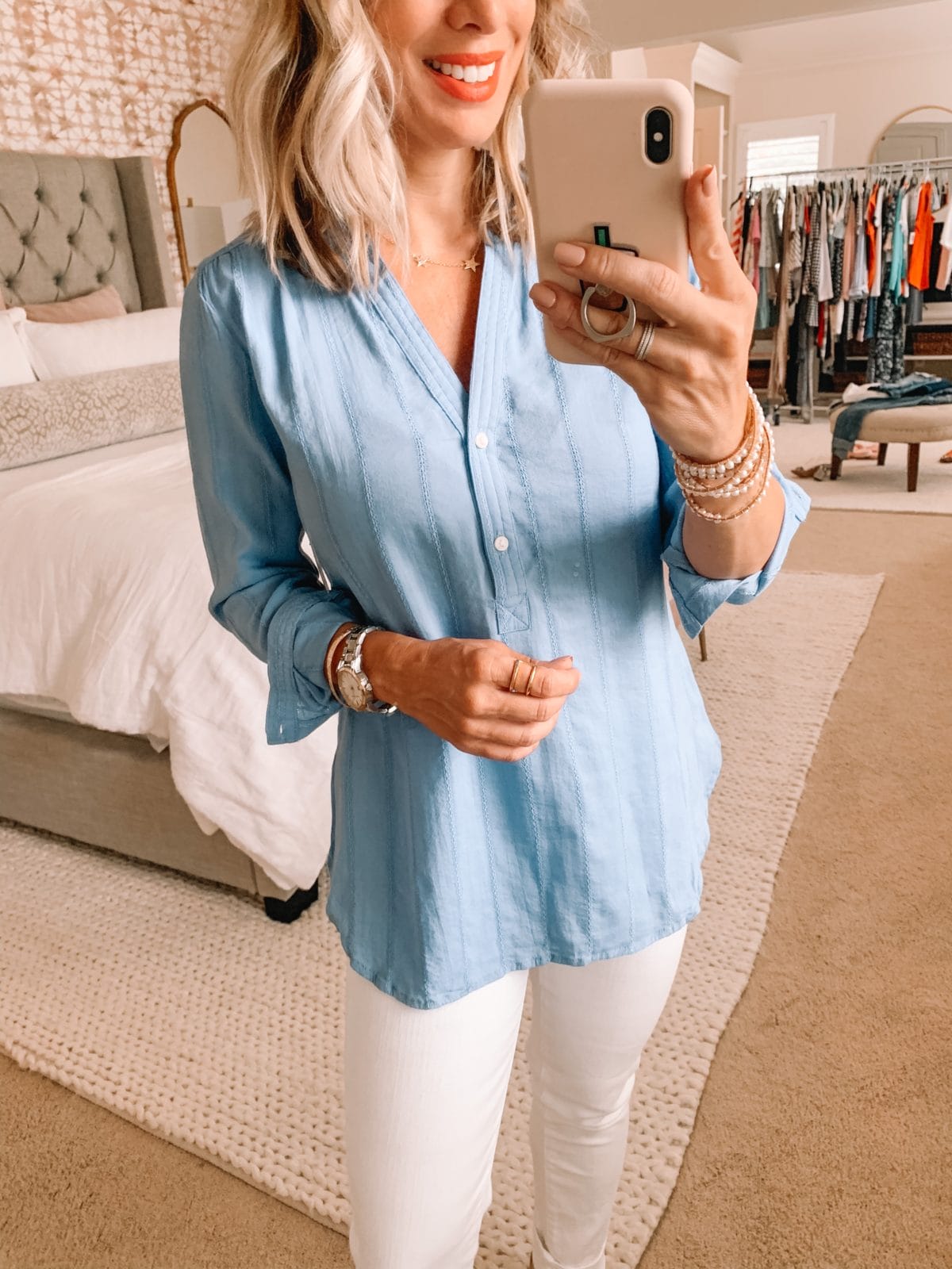 Tunic top and white jeans