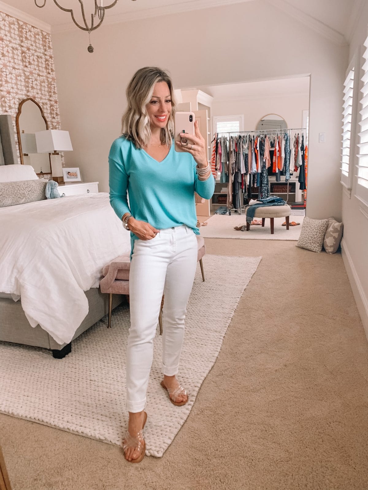 Top and white jeans
