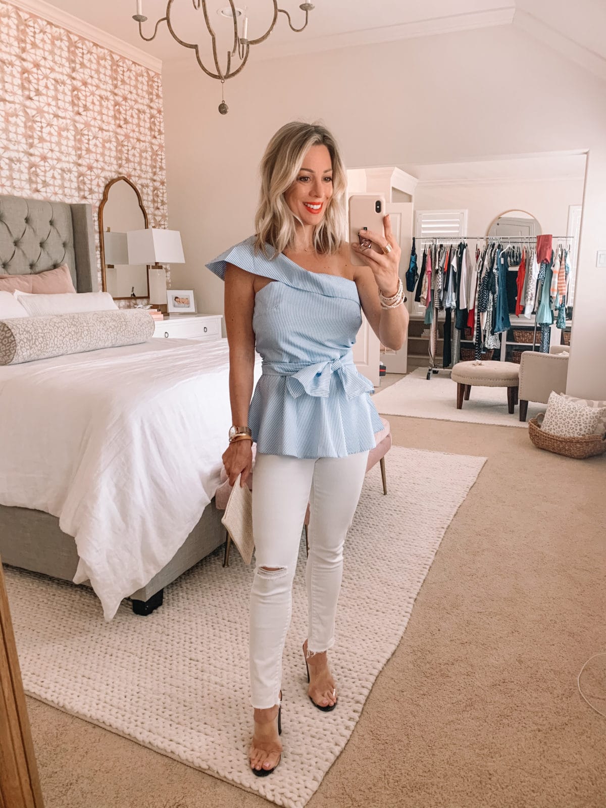 Amazon Fashion Finds, Striped Peplum One Shoulder Top, Distressed White Skinny Jeans, Clear Heels, Woven Clutch
