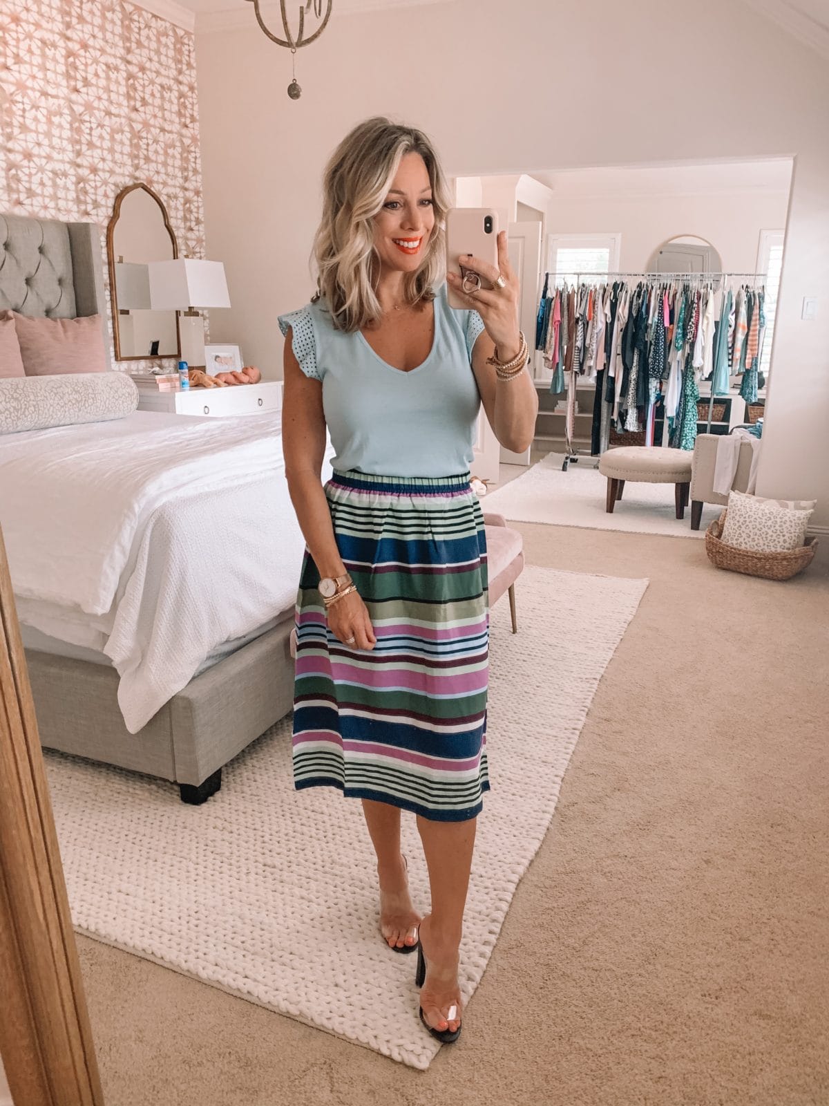 Striped skirt and ruffle sleeve top