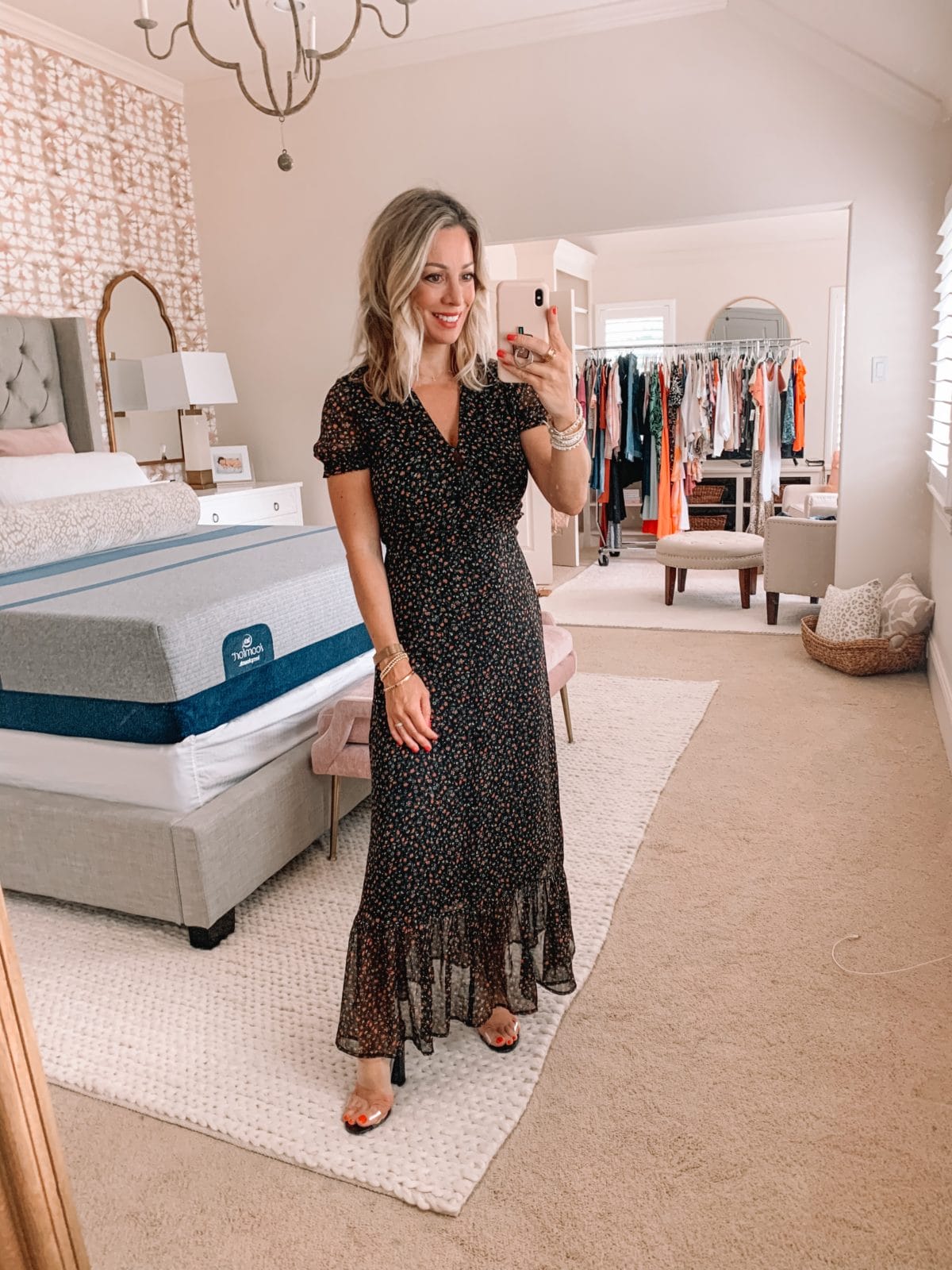 Dressing Room Finds Nordstrom and Target, Short Sleeve Black Floral Dress, Clear Heels 
