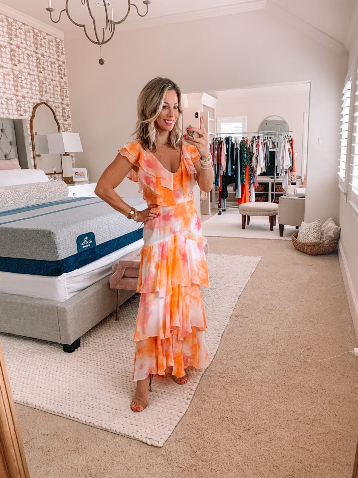 Dressing Room Finds Nordstrom and Target, Orange Water Color Tiered Maxi Dress, Nude Heels 