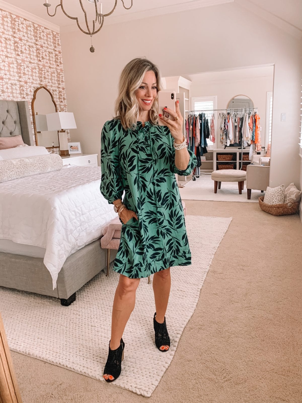 Dressing Room Finds Nordstrom and Target, Green Palm Print Sift Dress, Booties
