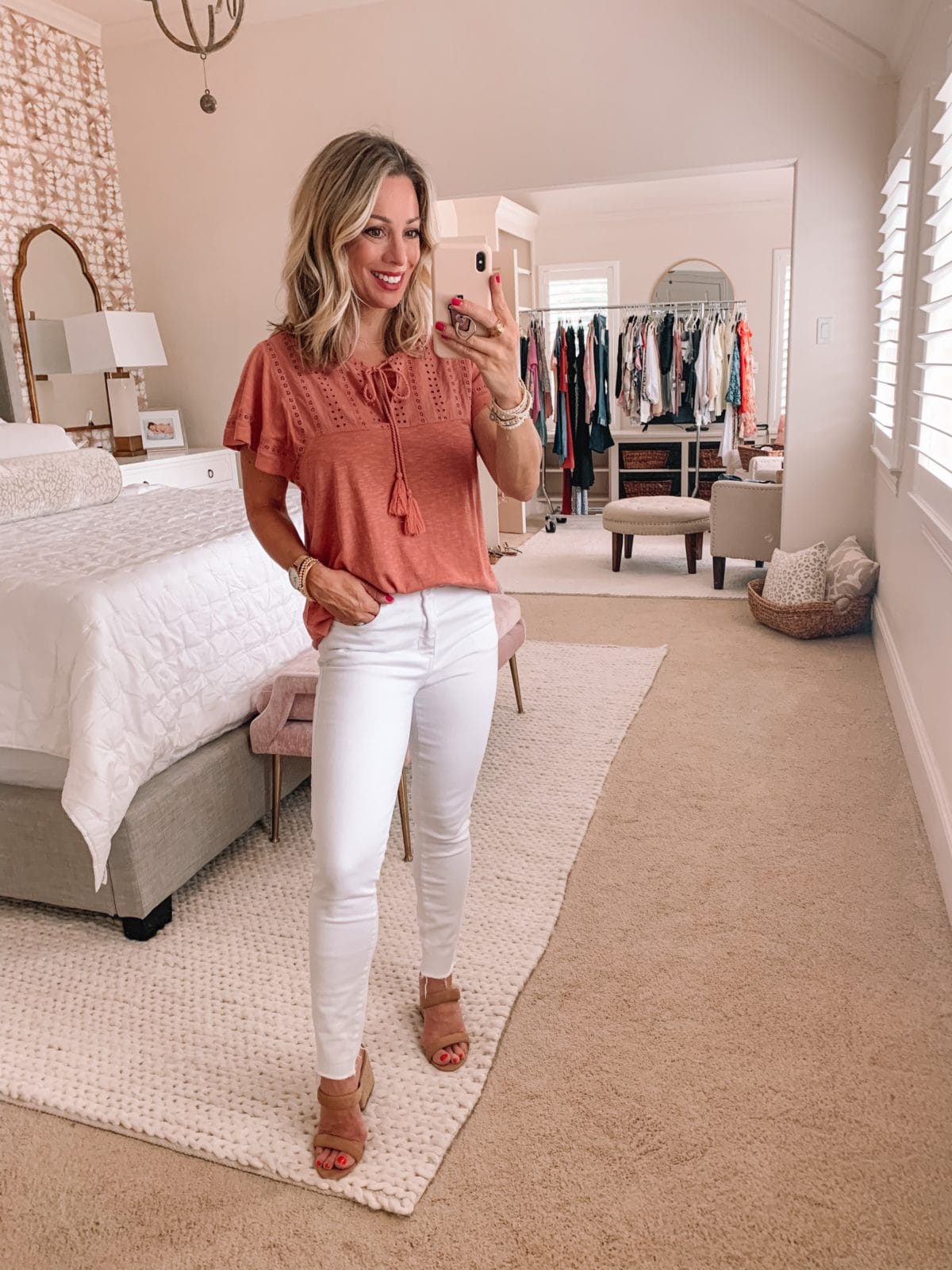 Dressing Room Finds Nordstrom and Target, Crochet Tee, Kut from Kloth Skinny White Jeans, Sandals