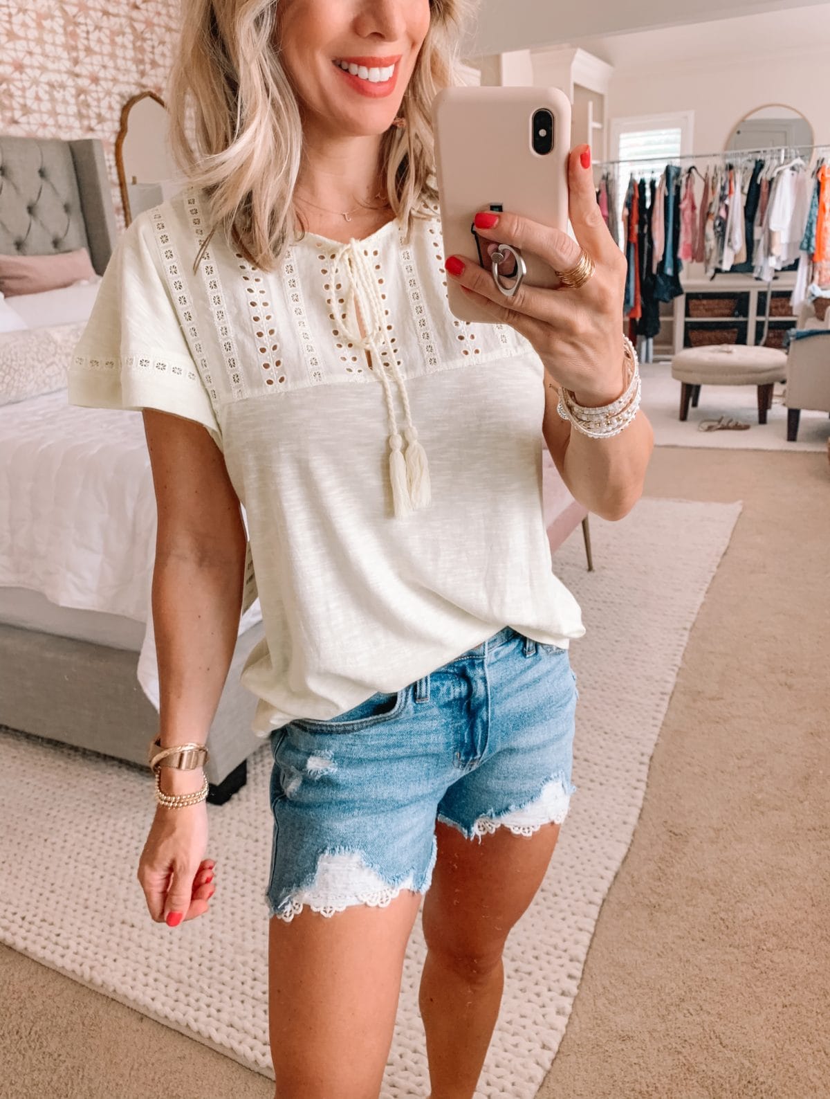 Dressing Room Finds Nordstrom and Target, Embroidered Ruffle Sleeve Top, Crochet Hemmed Denim Shorts