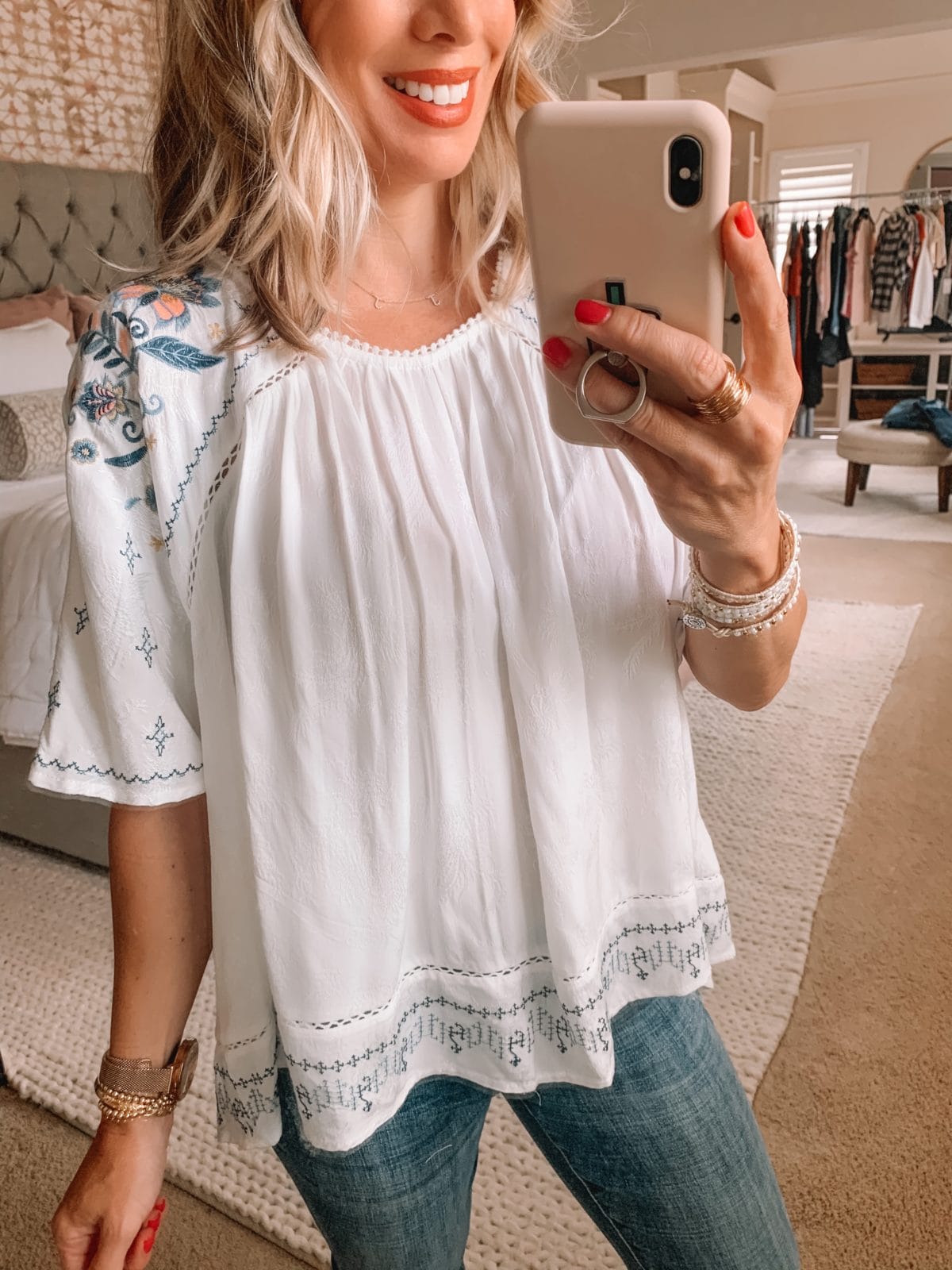 Dressing Room Finds Nordstrom and Target, White Baby Doll Top, Jeans 