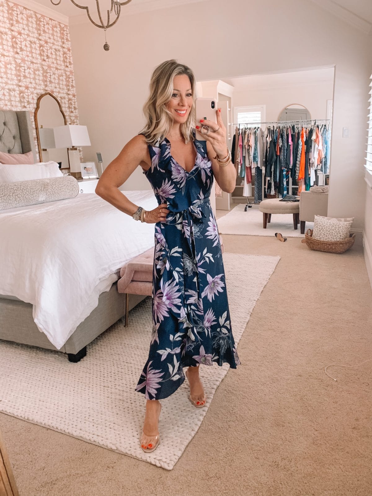 Dressing Room Finds Nordstrom and Target, Blue Floral Maxi Dress, Clear Heels