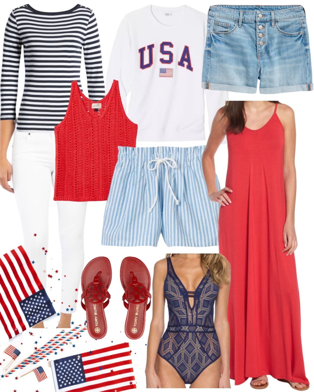 Dressing Room Finds Nordstrom and Target, Fourth of July Finds, Striped Top, USA Top, Shorts, Striped Shorts, Maxi Dress, Sweater Tank, Miller Sandals, Becca Swimsuit 