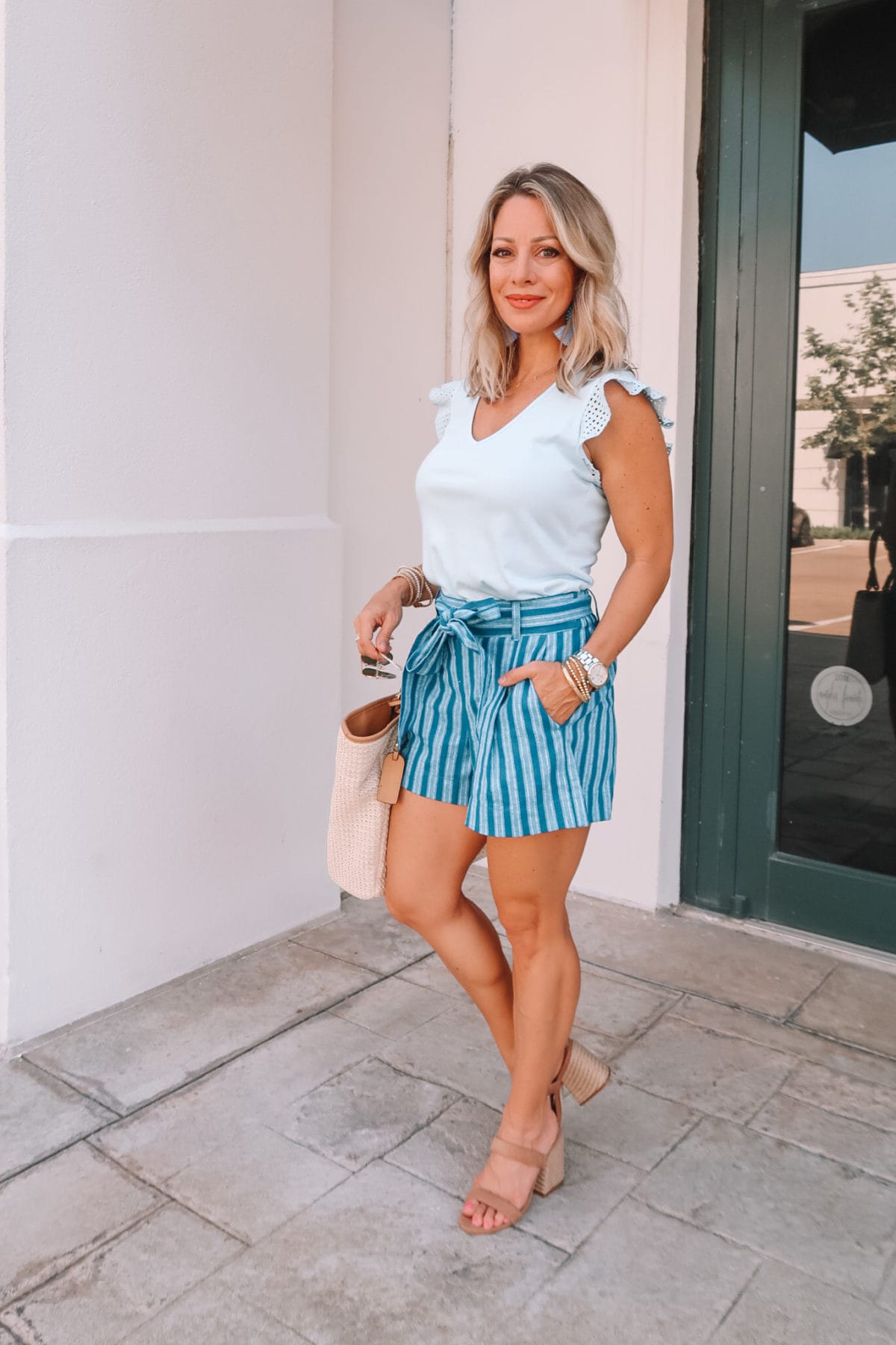 Eyelet Sleeve Top, Blue Stripe Tie Waist Shorts, Sole Society Woven Tote Bag, Sandals