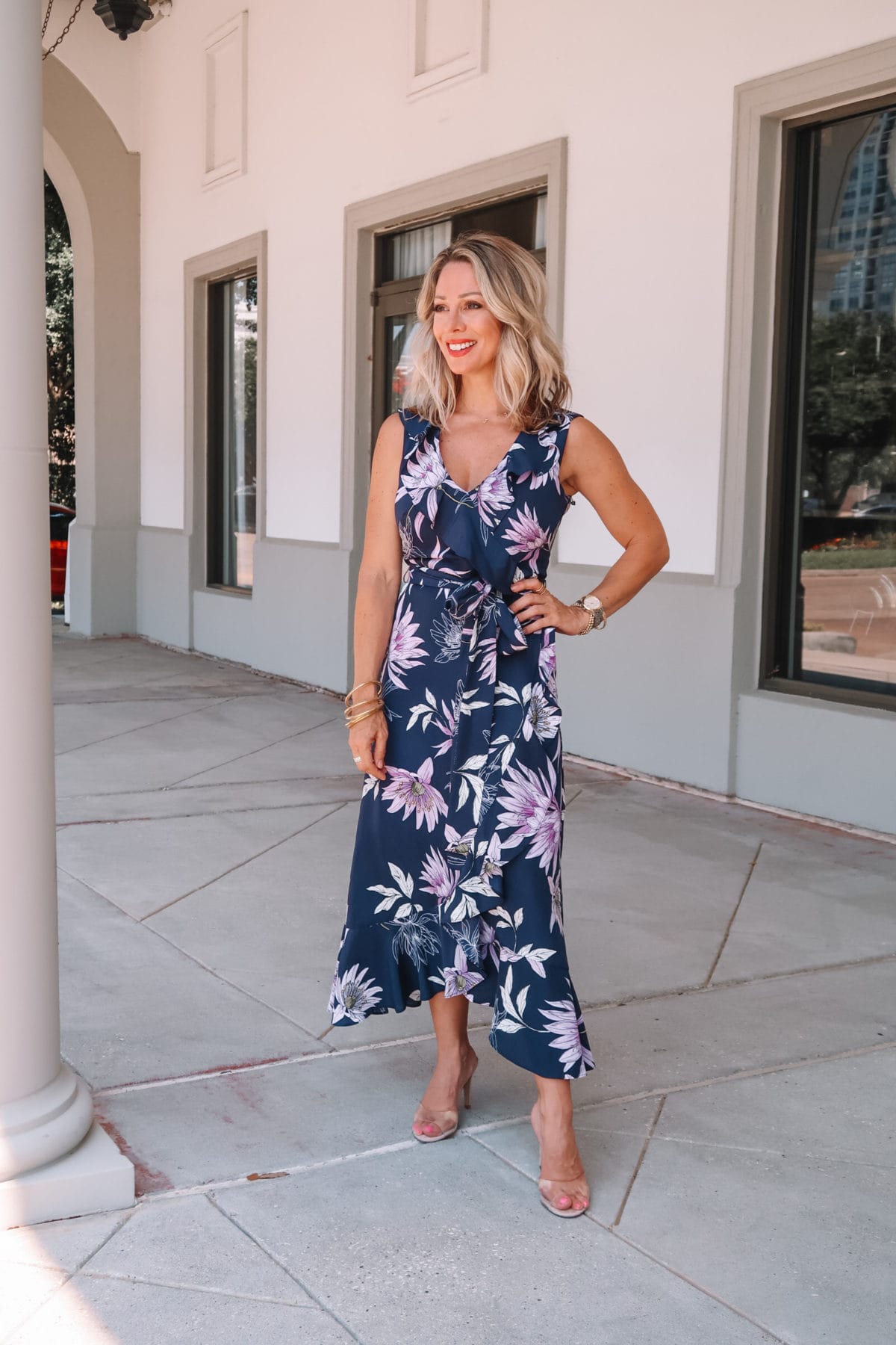 Navy Floral Dress, Clear Heels 