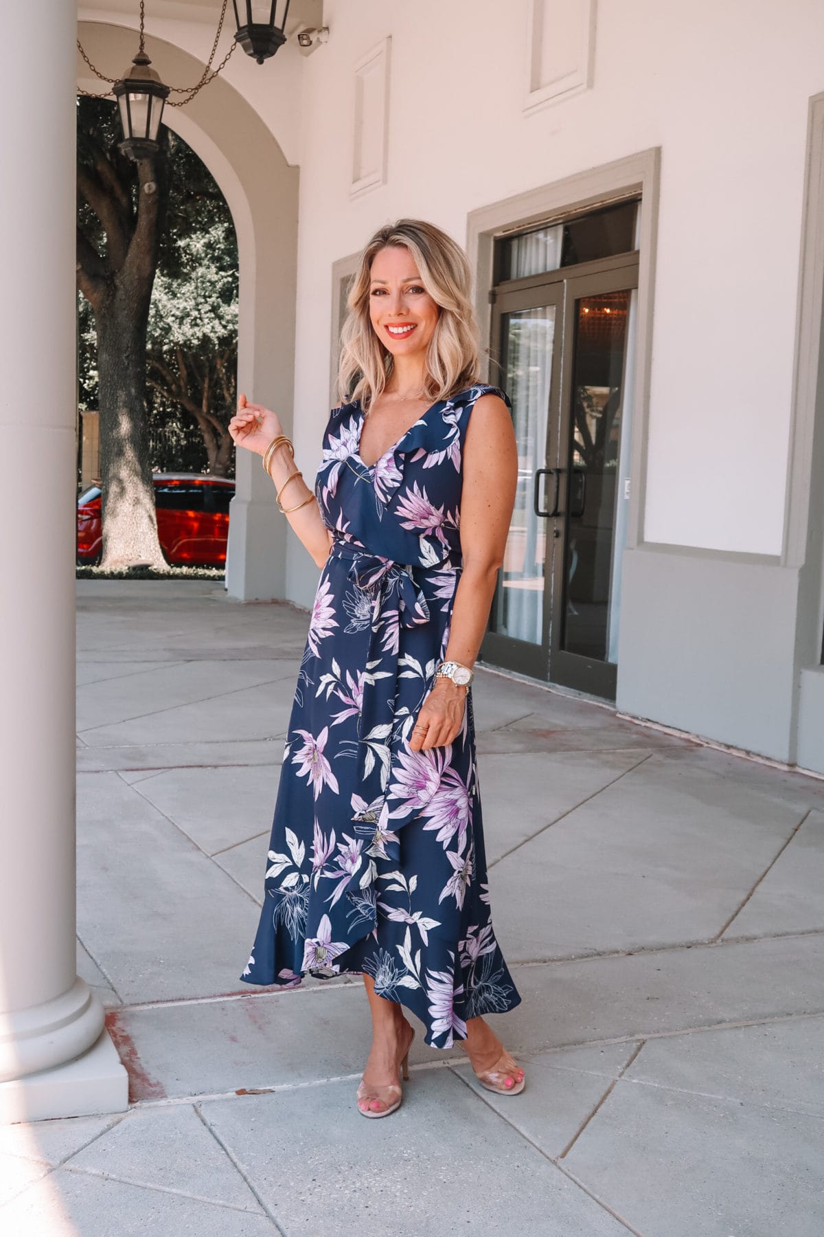 Navy Floral Dress, Clear Heels 