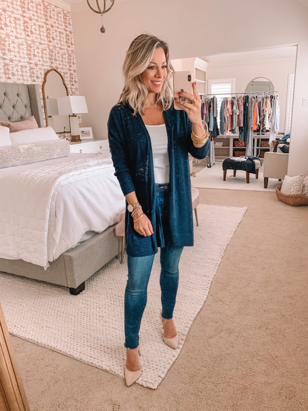 Amazon Fashion Finds, Jeans, Navy Cardigan, Heels 