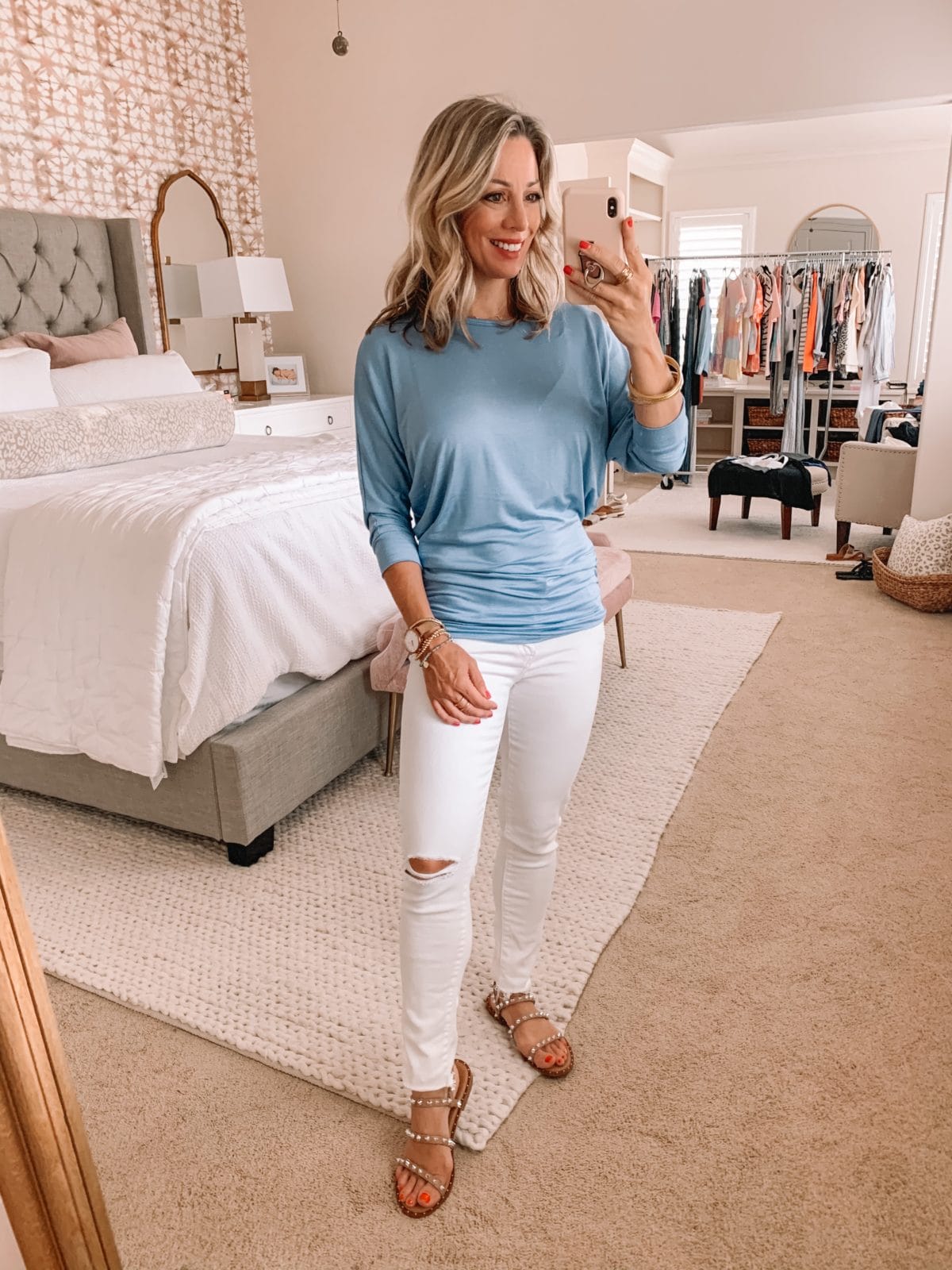 Amazon Fashion Finds, Blue Ruched Waist Top, Jeans, Studded Sandals 