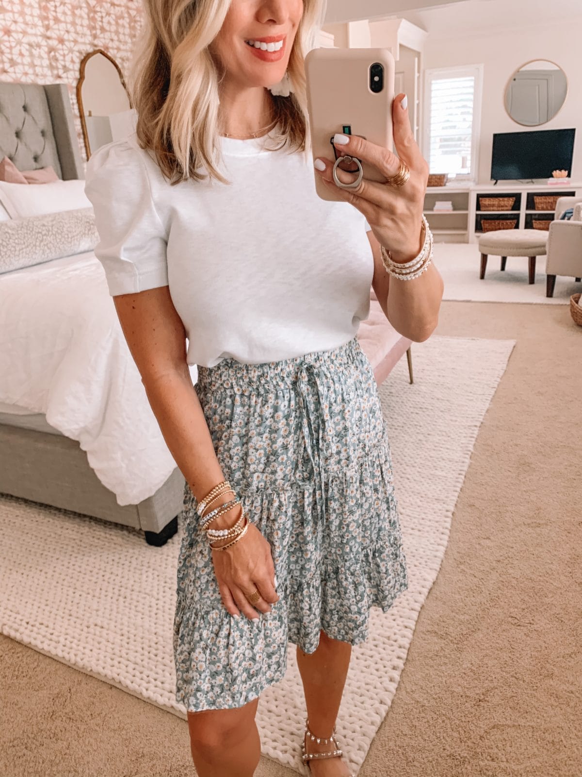Amazon Fashion Finds, White Puff Sleeve Top, Floral Skirt, Studded Sandals