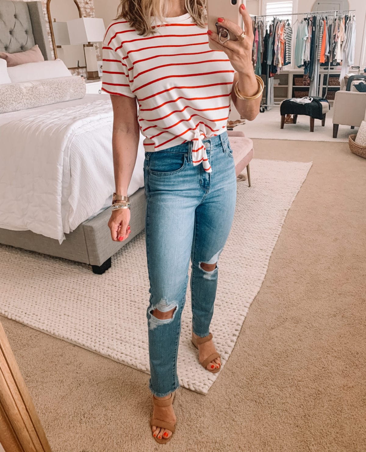 Amazon Fashion Finds, Striped Tie Front Top, Jeans, Sandals 